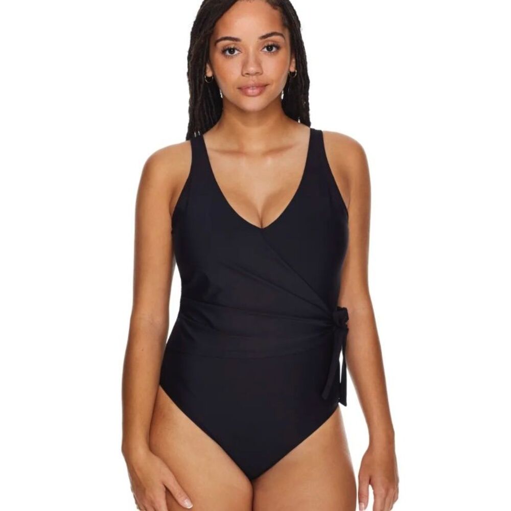 Birdsong Bondi Wrap Underwire One Piece Black Swimsuit V‎ Neck Womens 14 D/DD